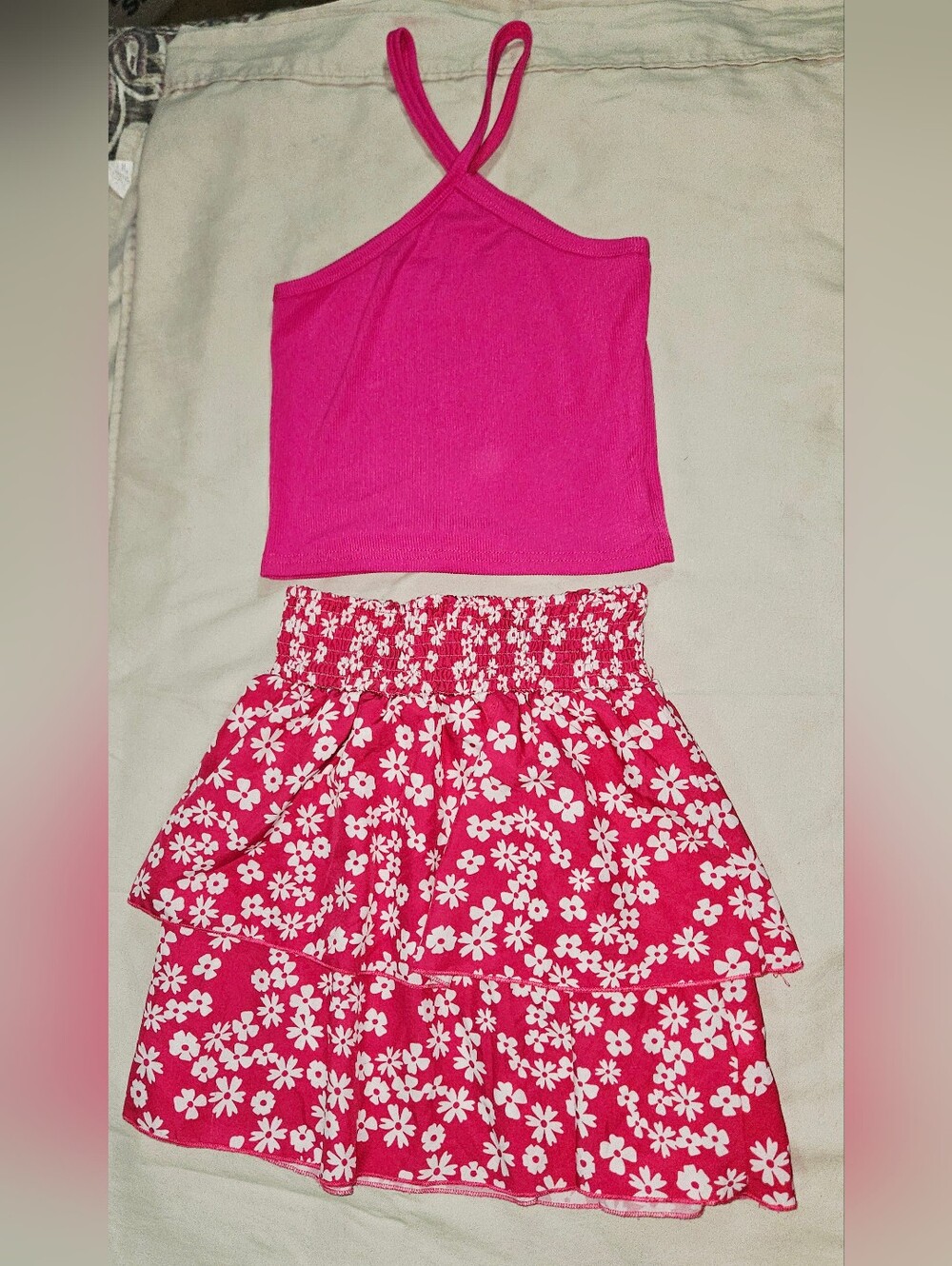 Girls Size 10 Pink Halter Tank Top & Floral Tiered Ruffle Skirt Matching Set